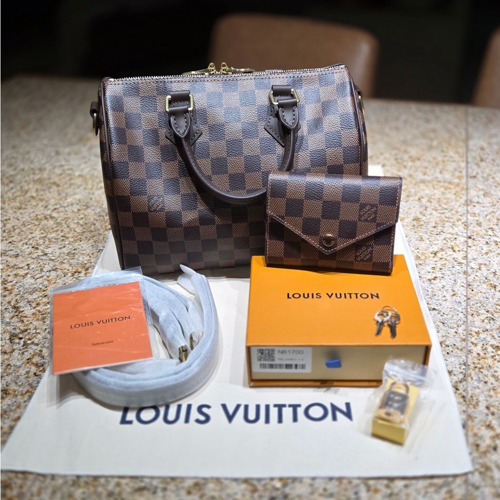 Brown Checkered Handbag and Wallet